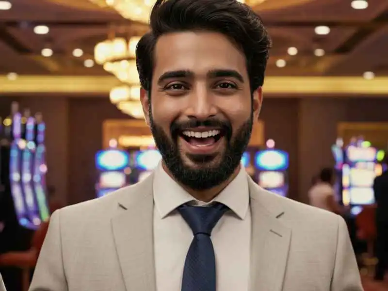Smiling casino host in a suit at Crazy Time Casino slot area.