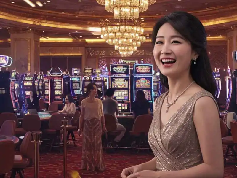 Elegant online casino agent smiling in front of a luxurious slot machine floor.