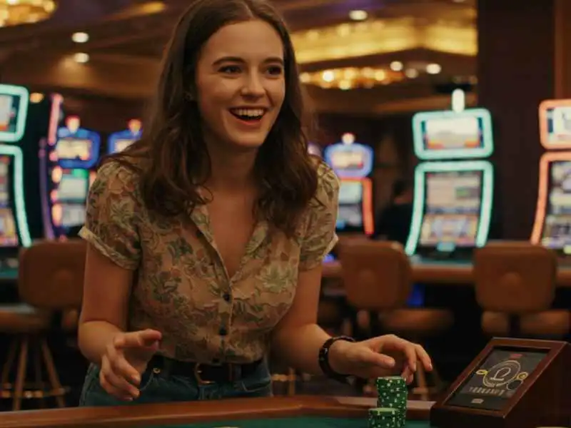 Young woman smiling while playing a table game in a casino setting