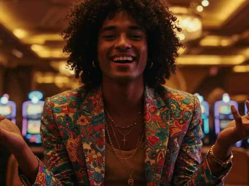 Stylish man celebrating in front of slot machines at an online casino-themed venue