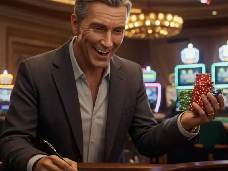 Excited man holding casino chips while playing perya games online