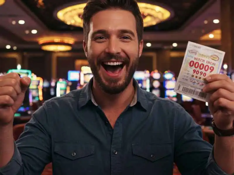 Excited man holding a winning lottery ticket in a casino
