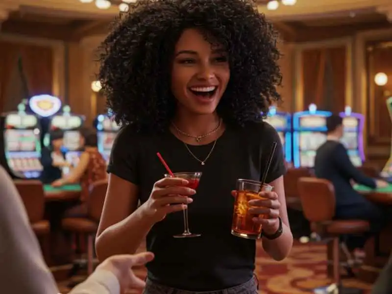 Smiling woman enjoying drinks and fun at a casino slot machine area