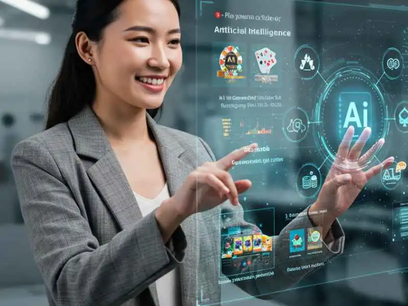 Woman using futuristic AI interface to explore online casino games