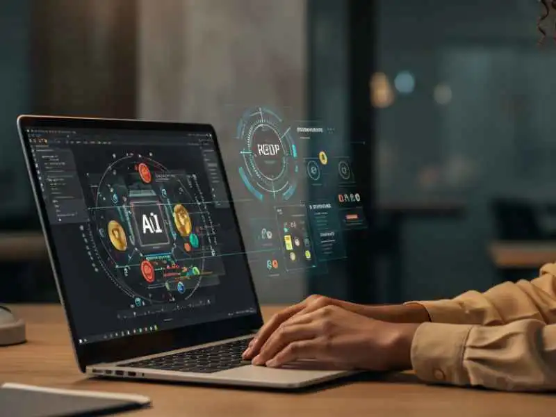 Close-up of hands using an AI-powered online casino dashboard on a laptop