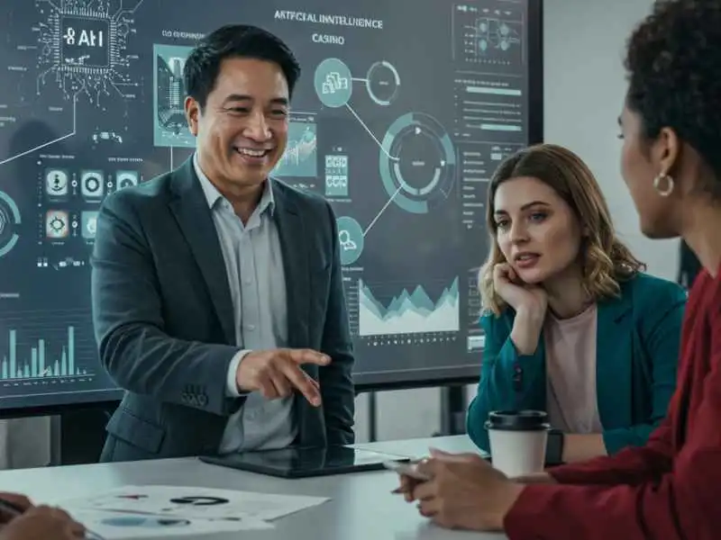 Team discussing AI strategies for online casino growth during a business presentation