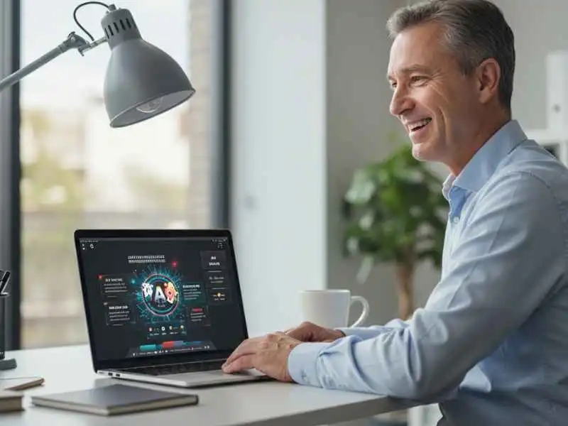 Smiling man playing online casino games on a laptop at home