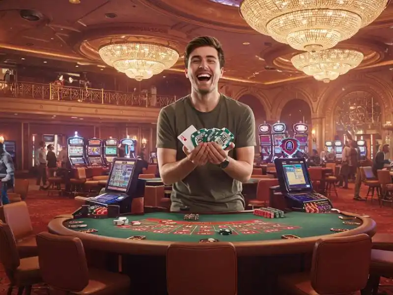 Excited young man holding a winning hand at a baccarat table in a luxury casino.