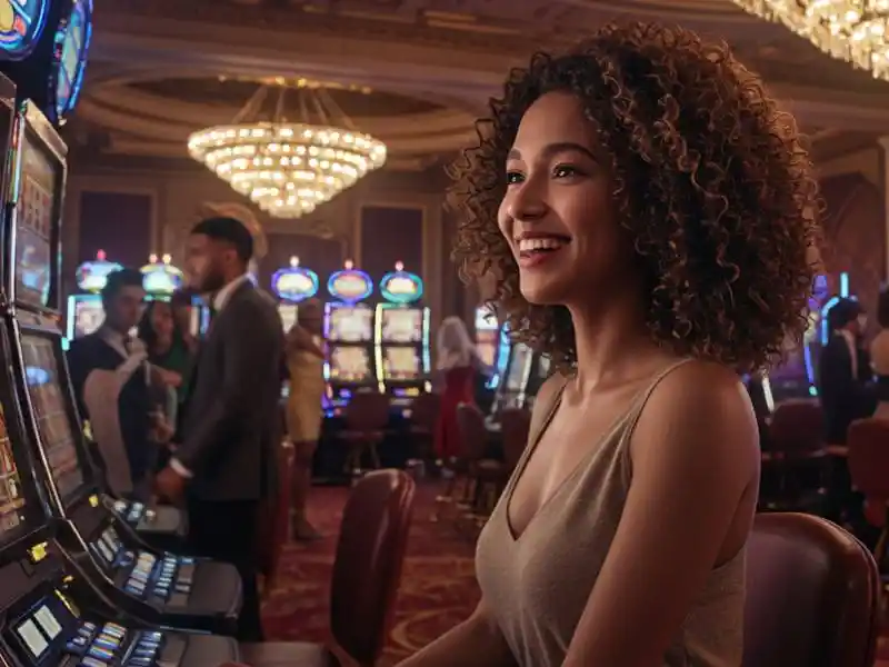 Smiling woman seated at a slot machine in a casino setting, enjoying online baccarat in the Philippines.