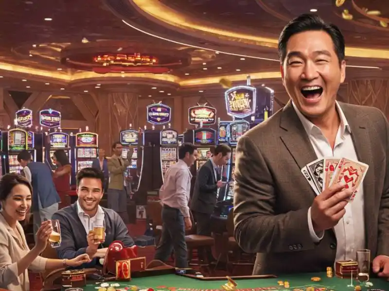 Happy man holding a winning baccarat hand in a lively casino, celebrating with friends.