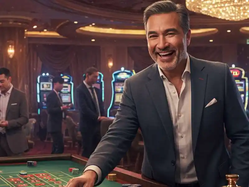 Smiling man placing a bet at a baccarat table in a luxurious casino setting.