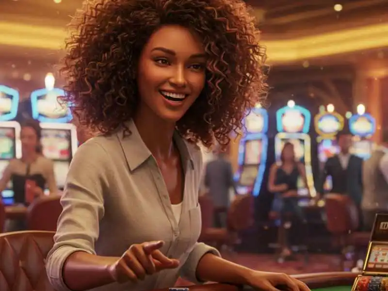 Smiling woman at a casino table, representing success with pusoy go card combinations.
