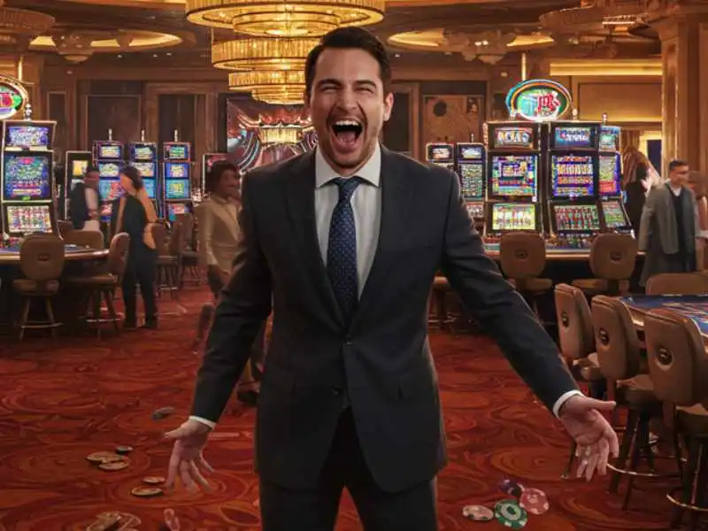 Man in a suit celebrating a casino win, showing the impact of pusoy go card combinations.