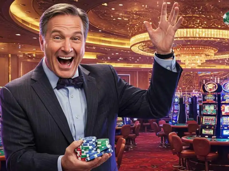 Joyful man holding casino chips, celebrating great pusoy go card combinations.