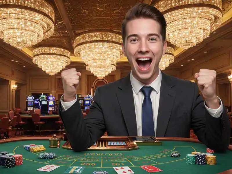 Excited man in a suit celebrating at a casino table, showing success with pusoy go card combinations.