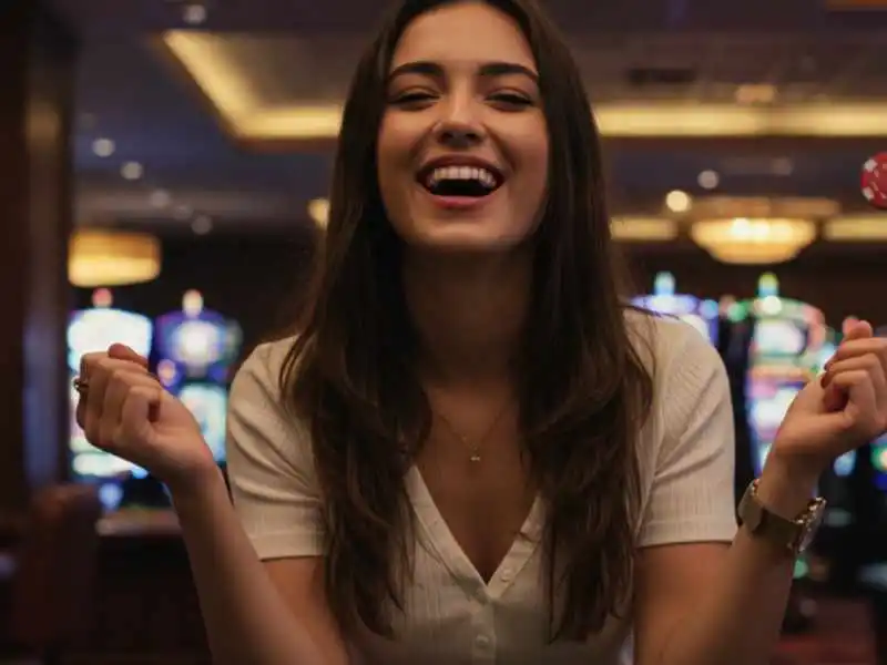 Joyful woman celebrating a win in a casino, showing how to earn money in Tongits Go.