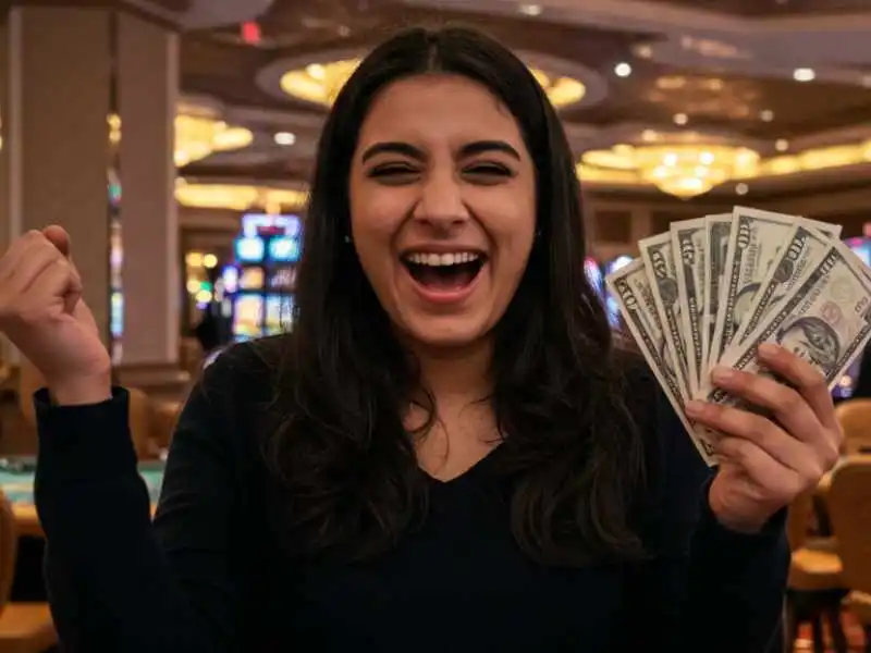 Excited woman holding dollar bills in a casino, showing how to earn money in Tongits Go.