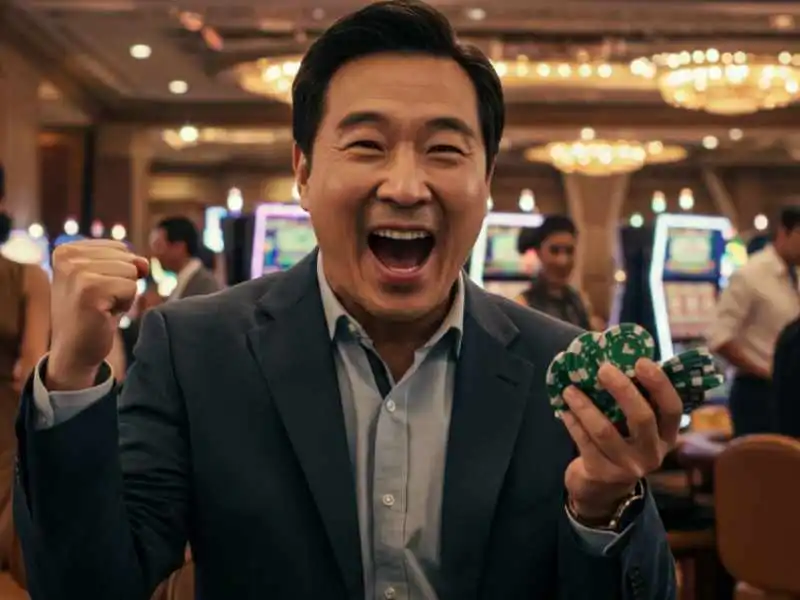 Excited man holding poker chips and celebrating, showing how to earn money in Tongits Go.