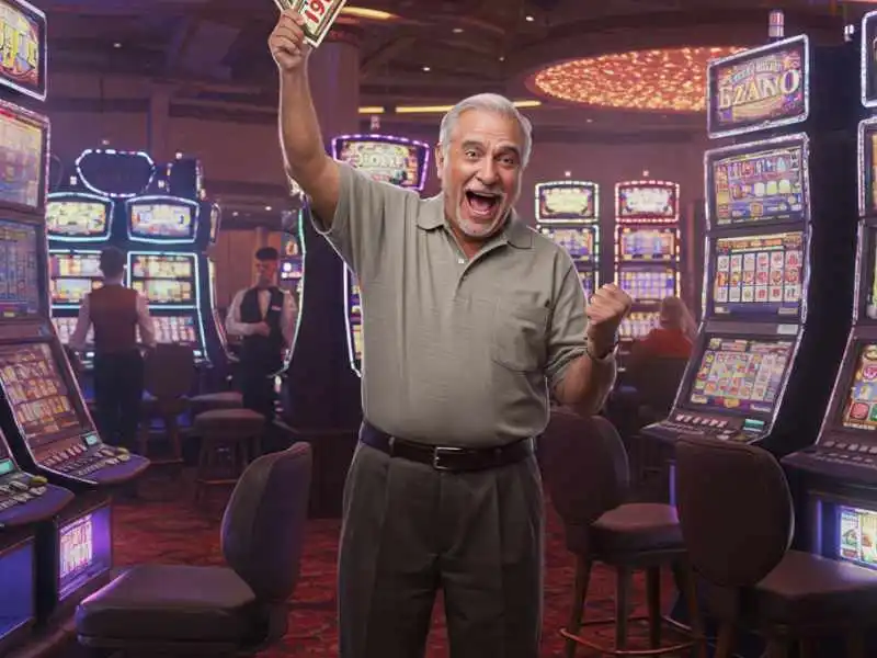 Excited man holding a winning ticket in a casino, showing how to earn money in Tongits Go.