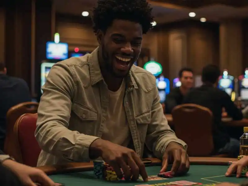 Laughing man playing at a casino table with chips, representing the fun of in-play NBA overtime wagering.