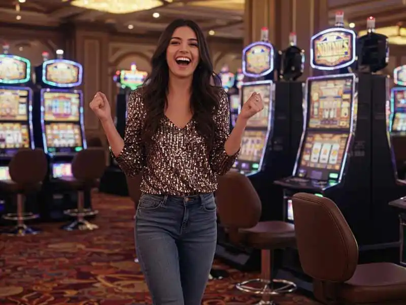 Excited woman celebrating in a slot machine area, symbolizing the thrill of in-play NBA overtime wagering.