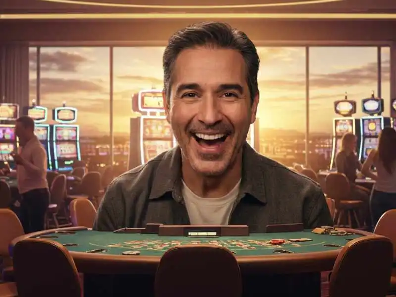 Smiling man at a casino table during sunset, enjoying the Lucky 9 game.