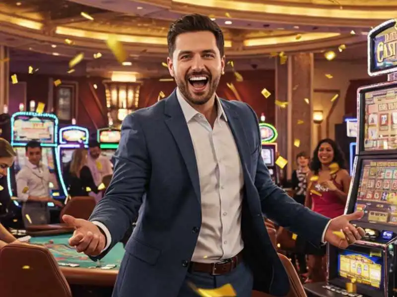 Excited man celebrating a big win on the casino floor, ideal for Lucky 9 game promotions.