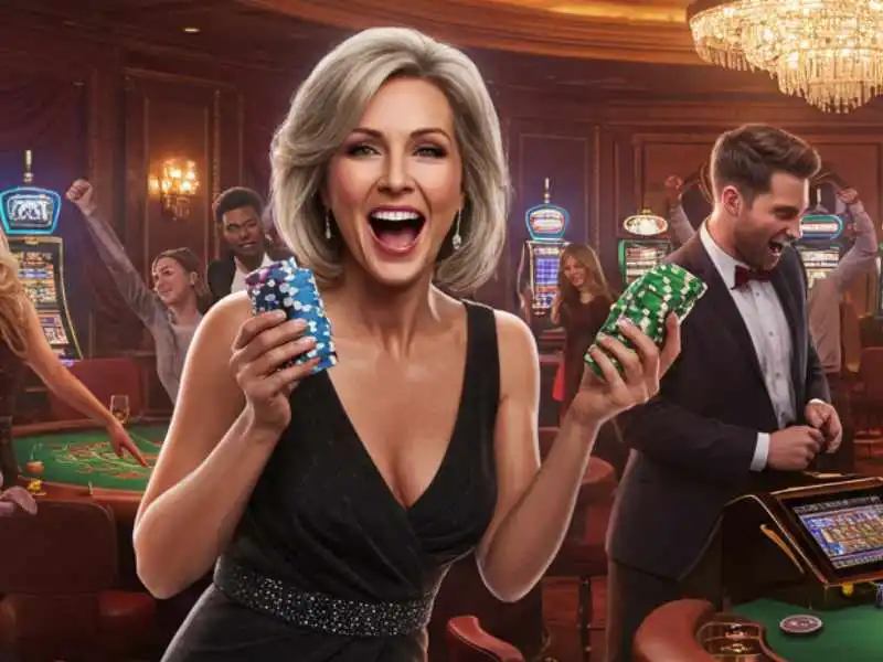 Excited woman holding poker chips after a big Lucky 9 game win at the casino.