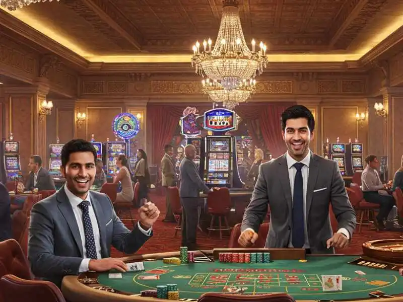Two men in suits smiling while playing Lucky 9 at a luxurious casino table.