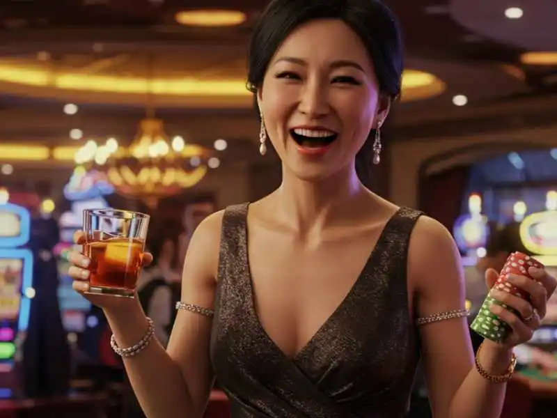 Smiling woman holding poker chips and a drink in front of online slots Philippines