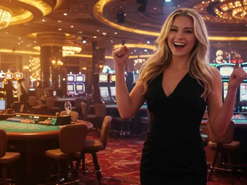 Happy woman in a black dress celebrating a win on the casino floor, ideal for Tongits gameplay.