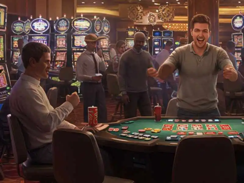 Excited man celebrates a win at a crowded casino table, ideal for Tongits gameplay.