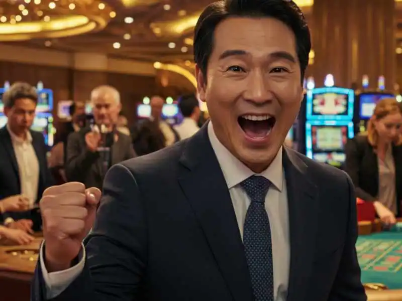 Excited man in a suit celebrating a win at a casino, perfect for Tongits gameplay.