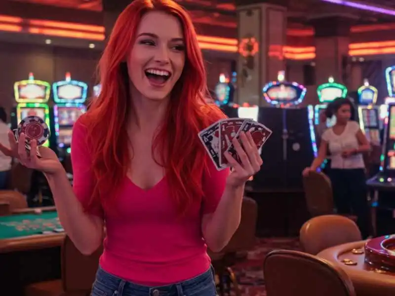 Excited woman holding cards and chips, symbolizing a winning moment in Tongits.