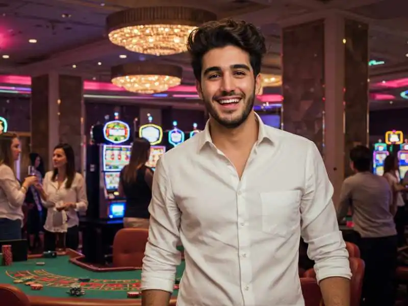 Smiling man in a white shirt enjoying table games and online casino promotions.