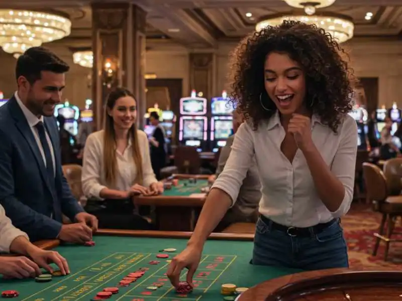 Excited woman placing a bet at a casino table, enjoying online casino promotions.