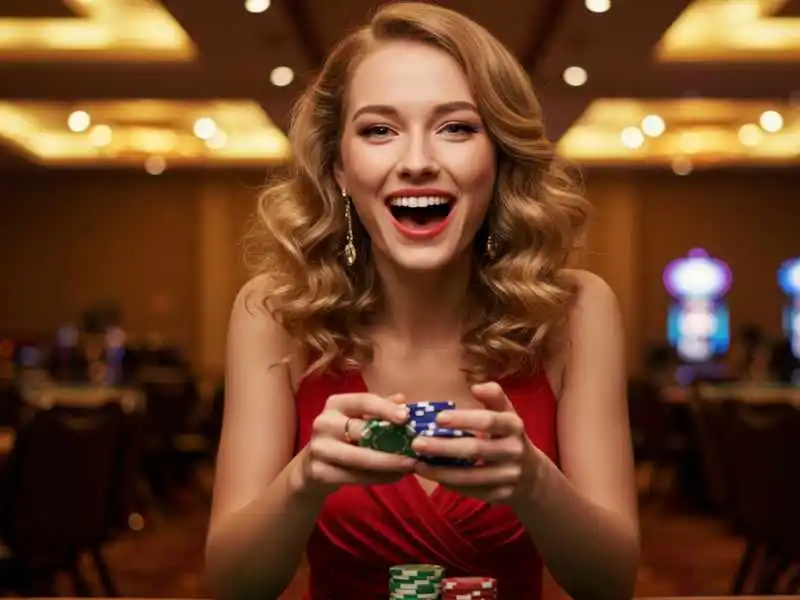 Smiling woman in a red dress holding poker chips, enjoying online casino promotions.