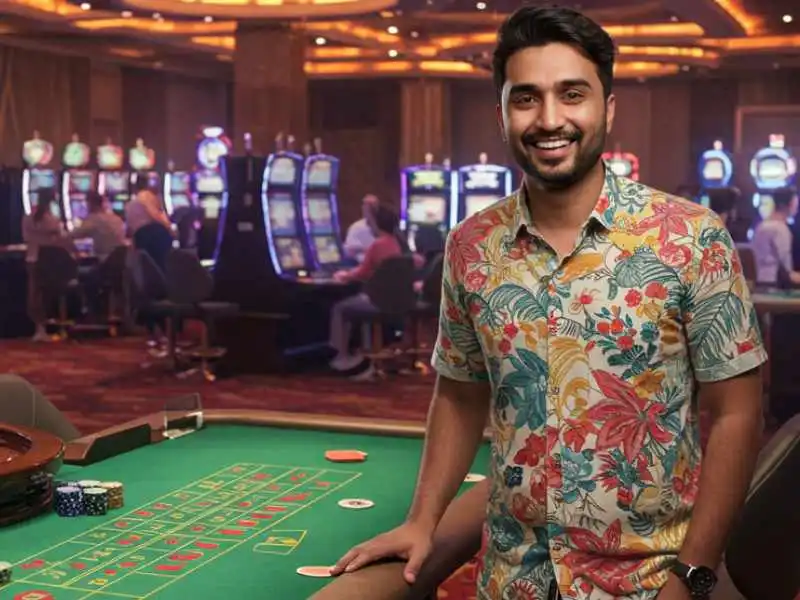 Smiling man standing near a roulette table in a casino, where blackjack misconceptions can spread.