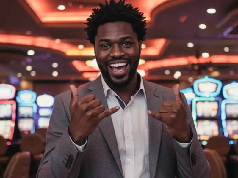 Smiling man in a suit inside a casino, representing confidence despite blackjack misconceptions.