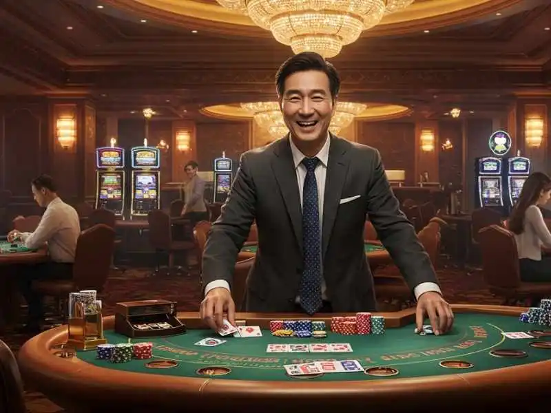 Smiling casino dealer at Casino big six table surrounded by chips and cards