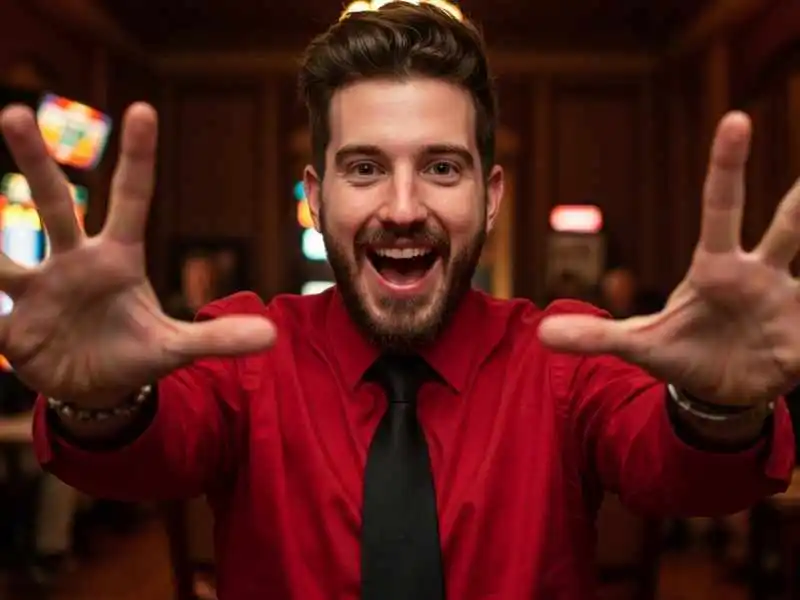  Excited man in red shirt celebrating a Casino big six win