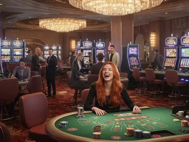  Red-haired woman laughing at a casino table after a big Andar Bahar win