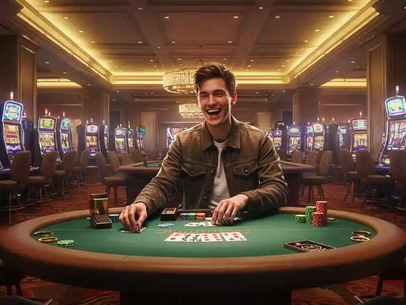 Young man smiling at a casino table after a successful Andar Bahar hand