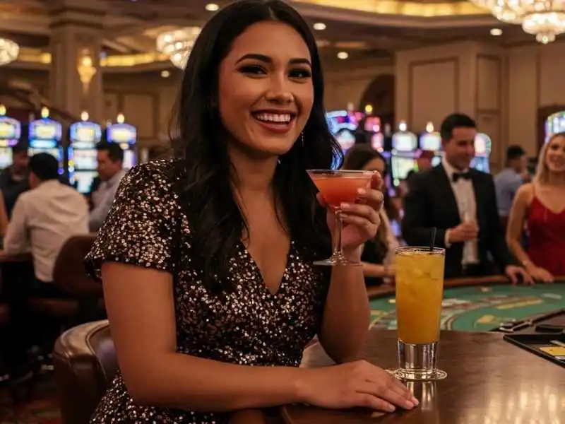 Smiling woman enjoying a drink at a casino table while playing Andar Bahar