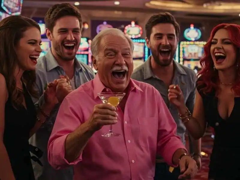 Group of friends celebrating with an older man after a big Bingo win at the casino