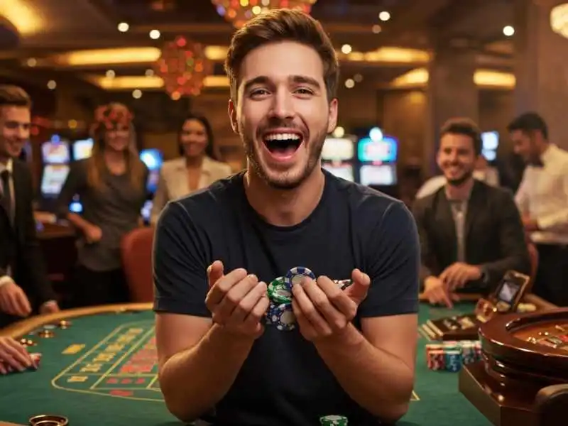 Young man smiling and holding chips after winning a Bingo game at the casino