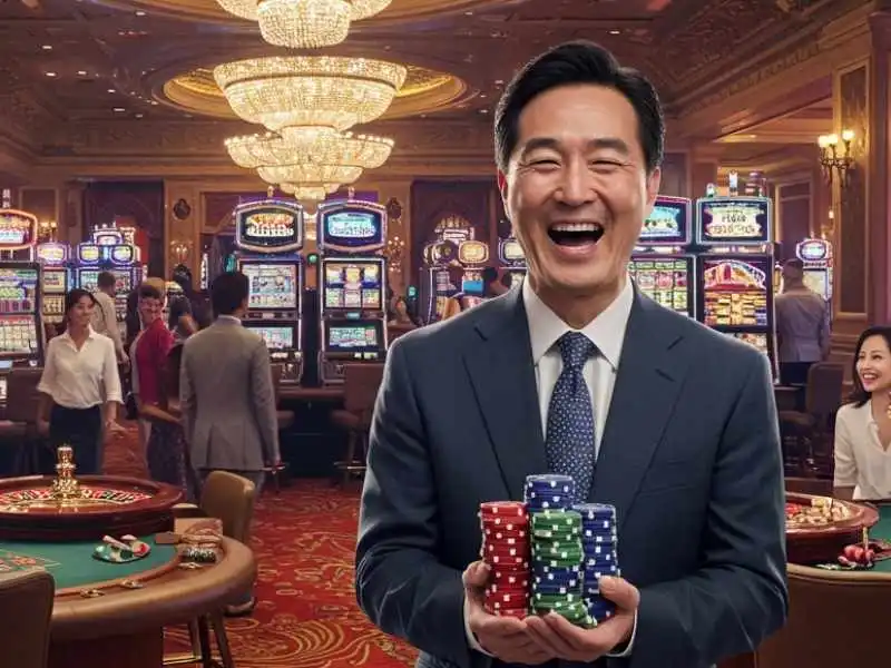 Happy man in a suit holding poker chips after a big Bingo win in a casino