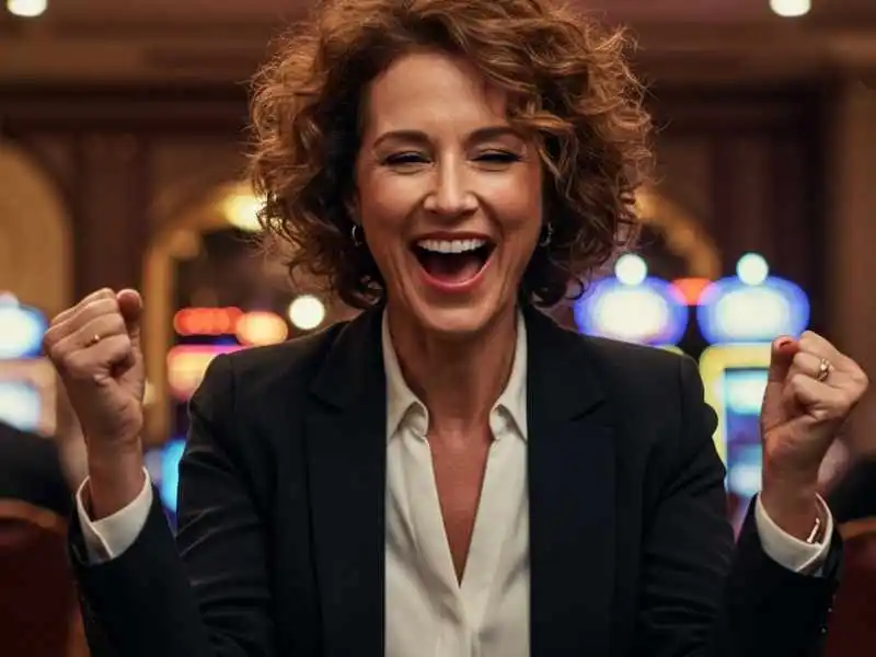 Happy woman celebrating a big win while playing Casino Roulette