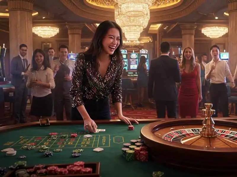 Woman celebrating a lucky spin at a Casino Roulette table surrounded by cheering players