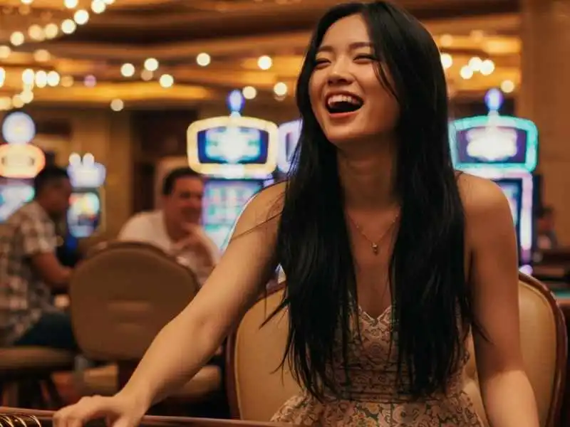 Woman smiling in front of a coin pusher machine at a casino arcade